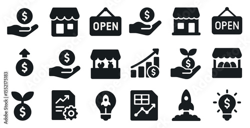 Business finance solid icons set – money, economy, investment symbols collection