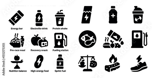 Fitness and nutrition solid icons set – flat, filled, wellness and health symbols
