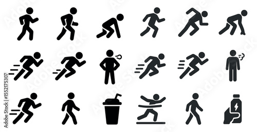 Fitness and running icons set – solid, filled, exercise and wellness symbols