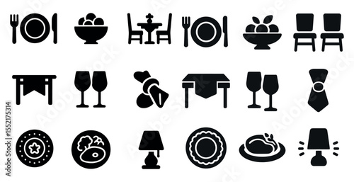 Dining and cuisine solid icons set – flat, filled, food and restaurant symbols