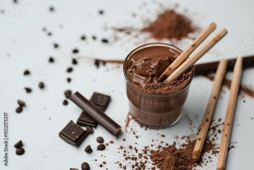 Rich chocolate ice cream with pocky sticks and cocoa on white background