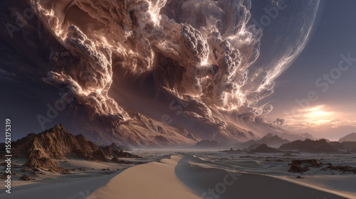 Sand clouds with dust and smoke. Realistic vector illustration set of desert storm - flying dirt plumes with mud particles under influence of strong wind. Brown dune sandstorm powder clusters. photo