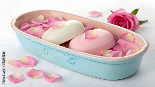 Handmade soap on pastel pink and blue ceramic dish, minimal clean flatlay for bathroom, eco-friendly body care, soft wellness product background