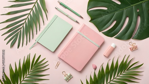 Pastel pink and green flatlay moodboard with tropical leaves, creative workspace design, trendy aesthetic collage for summer inspired visuals