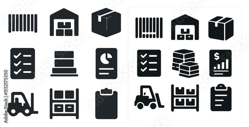 Warehouse and logistics solid icons set – packed, shipping, storage and inventory symbols