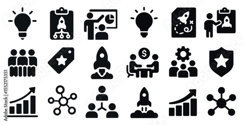 Business startup solid icons set – filled, meeting, and corporate strategy symbols