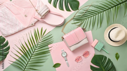 Pastel pink and green flatlay with tropical leaves, summer inspired moodboard design, aesthetic workspace visuals, soft tropical lifestyle flatlay