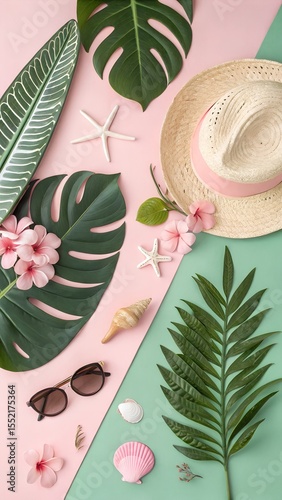 Creative moodboard flatlay with tropical leaves, pastel pink and green tones, aesthetic summer lifestyle design, trendy flatlay for visuals