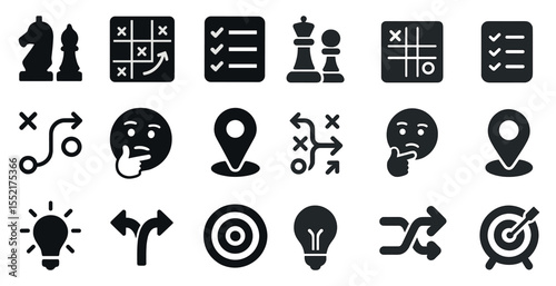 Strategy and planning solid icons set – filled, decision-making, tactical symbols
