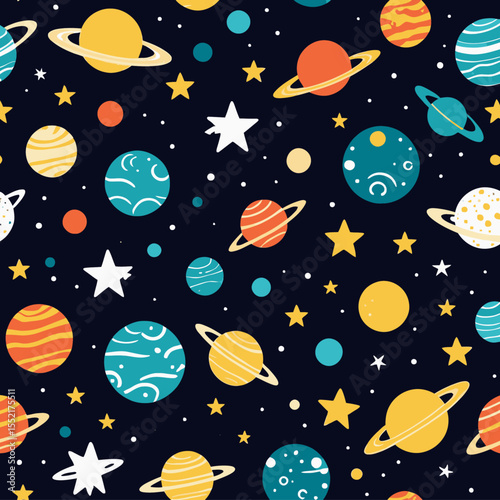 Cartoon space background with planets stars and colorful celestial objects on a dark backdrop