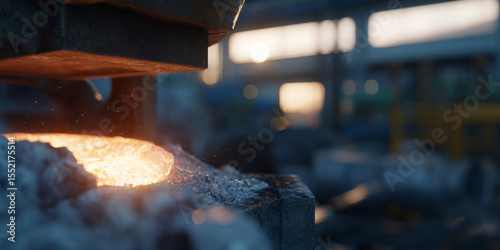 Close-up of molten metal being processed in an industrial facility. A powerful and vivid image, with a strong emphasis on the industrial environment