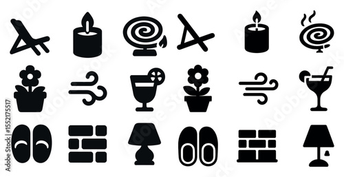 Home and relaxation filled icons set – silhouette, cozy, leisure design elements