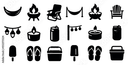 Outdoor recreation silhouette icons set – camping, nature, summer symbols