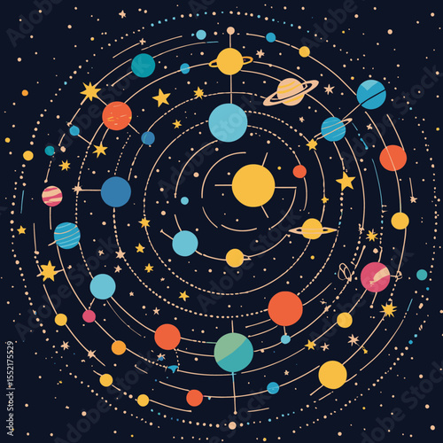Colorful planets orbit a yellow sun amidst a scattering of stars and orbits