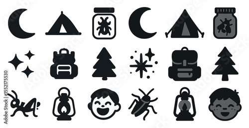 Camping and outdoor solid icons set – flat, filled, adventure and nature symbols