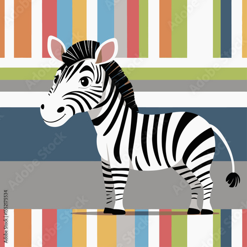 Cartoon zebra with stripes on a striped background