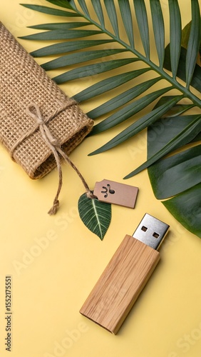 Wooden USB drive with jute tag and tropical leaf on green background, eco-friendly tech accessories, minimal sustainable flatlay for product use