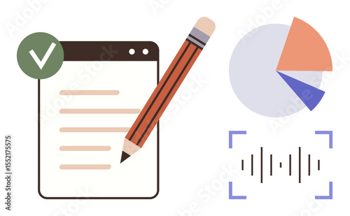 Notebook with pencil, checkmark, pie chart, and soundwave bar. Ideal for productivity, data analytics, education, research planning communication digital workflow. Simple flat metaphor