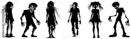 Scary halloween zombie set in black, isolated 