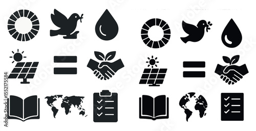Eco and sustainability solid icons set – environment, green energy, conservation symbols