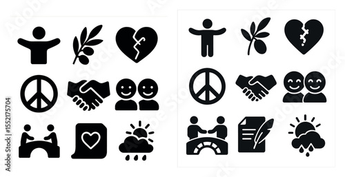 Peace and unity solid icons set – filled, agreement and harmony symbols collection