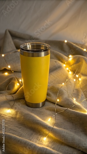 Modern yellow metal tumbler on textured fabric with warm sunlight, cozy drinkware flatlay, clean aesthetic background for product lifestyle design
