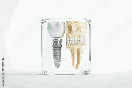 Dental implant and human tooth in clear display case  