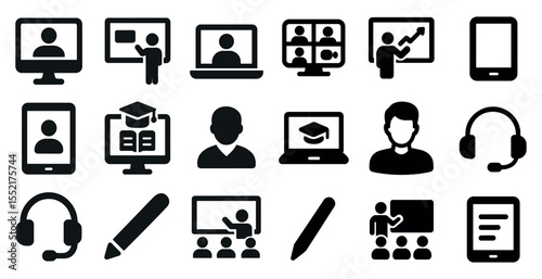 Education and learning solid icons set – flat, filled, academic and teaching symbols