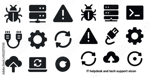 It and tech support solid icons set – silhouette, filled, troubleshooting symbols