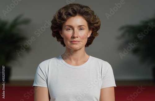 Peaceful Woman In Yoga Studio Sitting Still In Natural Light Surrounded By Soft Green Plant Decor