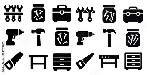 Carpentry and tools solid icons set – black, silhouette, workshop and diy essentials