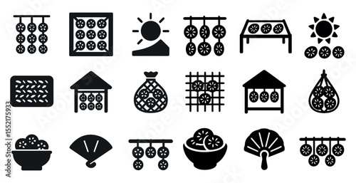 Sun-dried food linear icons set – outline, preserved, healthy ingredient symbols