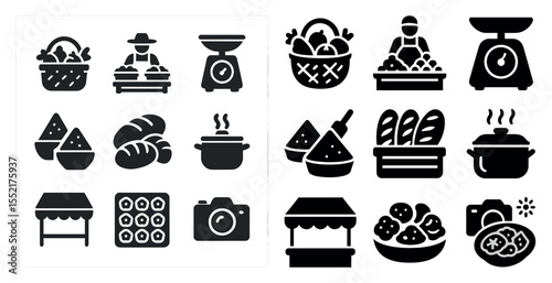 Food and market solid icons set – flat, filled, culinary and grocery symbols