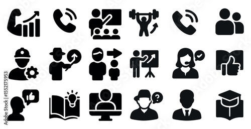 Business and communication solid icons set – filled office, corporate, and teamwork symbols