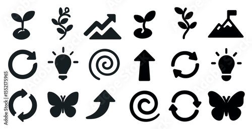 Growth and innovation solid icons set – filled, silhouette, business development symbols