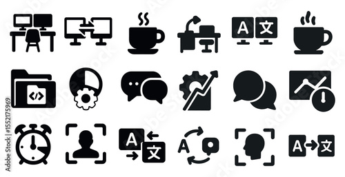 Office and communication solid icons set – filled, business, work symbols