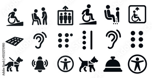 Accessibility icons set – solid, silhouette, disability and inclusive design symbols
