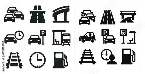 Transportation solid icons set – filled, silhouette, travel and commuting symbols