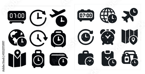 Time management solid icons set – clock, alarm, schedule symbols