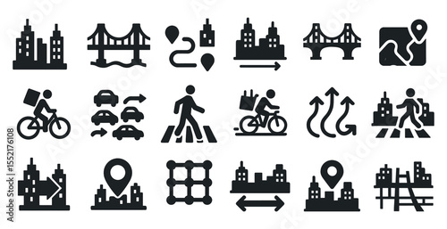 Urban navigation icons set – solid, filled, city map and transportation symbols