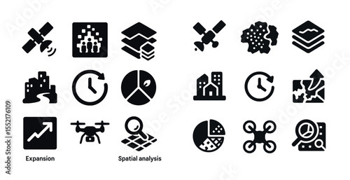 Geospatial analysis icons set – solid, filled, mapping and data visualization symbols