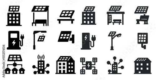 Solar energy solid icons set – filled, renewable, eco-friendly power symbols