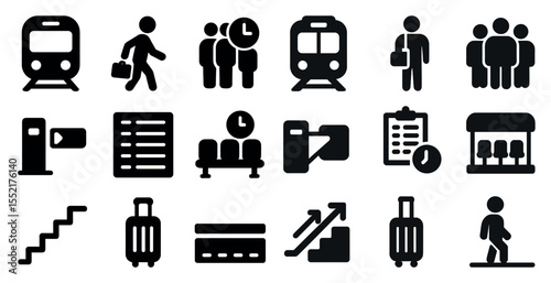 Public transportation solid icons set – filled, commuter and travel symbols