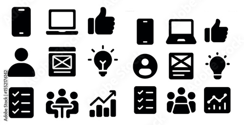Business and productivity solid icons set – flat, filled, work efficiency symbols