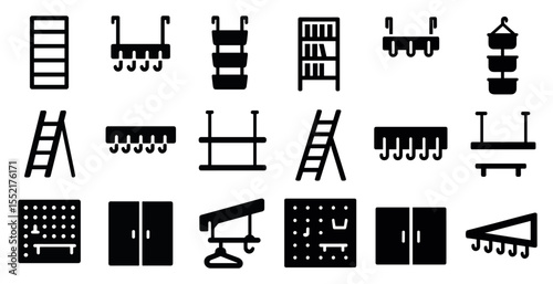 Home organization solid icons set – storage, shelving, tidy and declutter symbols