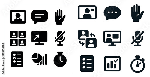 Communication solid icons set – filled, chat, conference call symbols and tools