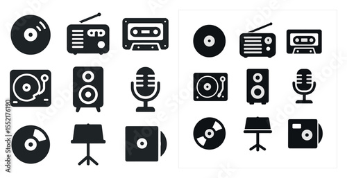 Music and audio silhouette icons set – solid, filled, sound and dj elements