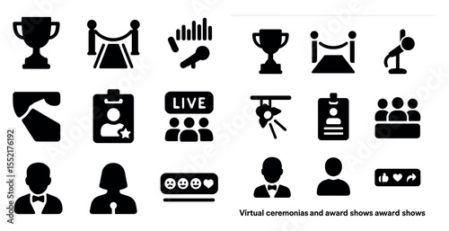 Award and ceremony solid icons set – silhouette, virtual, recognition symbols