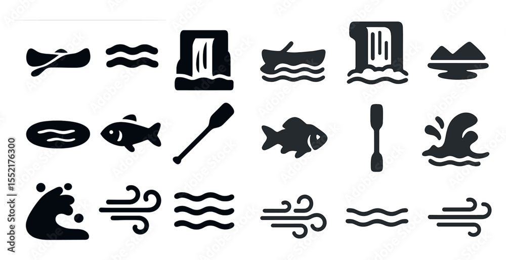 Water activities silhouette icons set – solid, filled, aquatic sports symbols