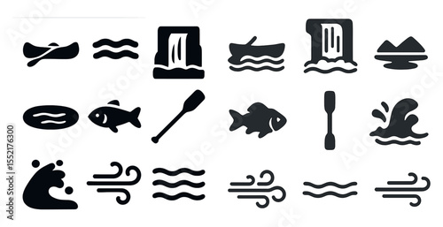 Water activities silhouette icons set – solid, filled, aquatic sports symbols
